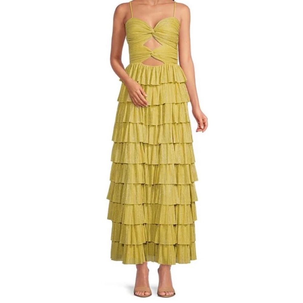 Grace Metallic Plisse Sweetheart Neck Cut-Out Tiered Dress by Gianni Bini